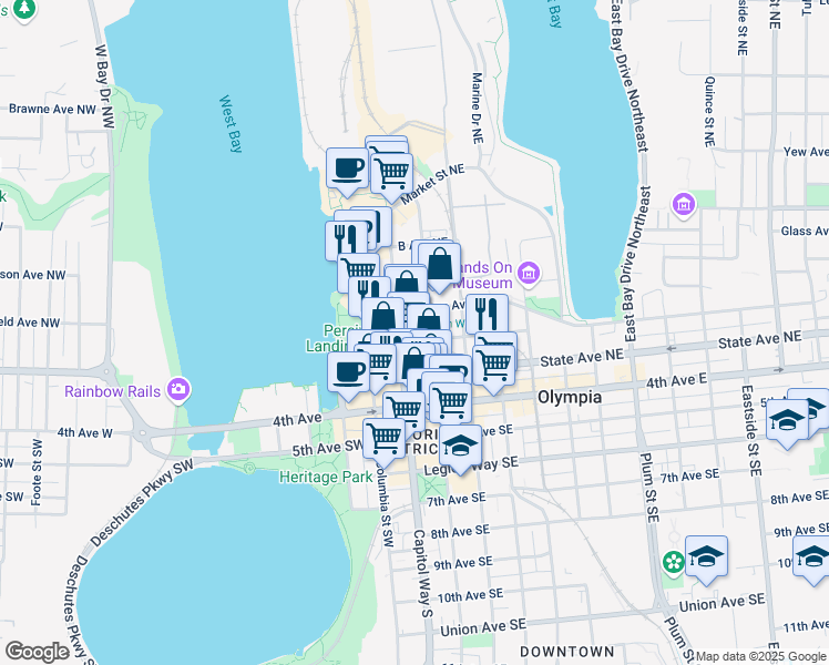 map of restaurants, bars, coffee shops, grocery stores, and more near 106 Olympia Avenue Northeast in Olympia