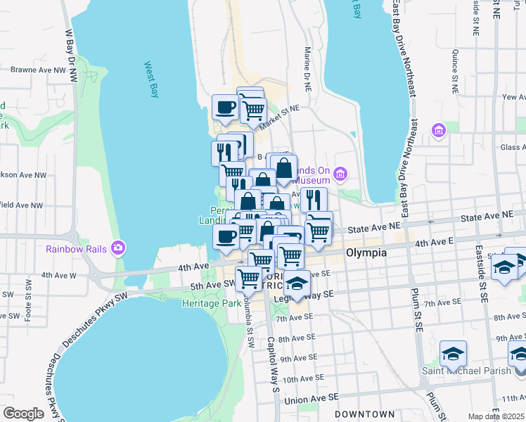 map of restaurants, bars, coffee shops, grocery stores, and more near 325 Washington Street Northeast in Olympia