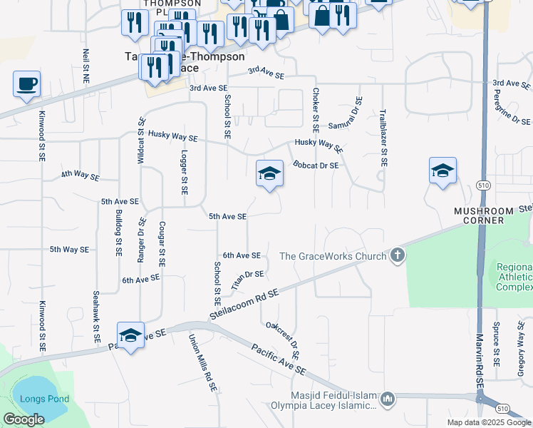 map of restaurants, bars, coffee shops, grocery stores, and more near 7600 5th Avenue Southeast in Olympia