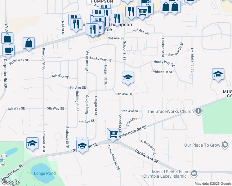 map of restaurants, bars, coffee shops, grocery stores, and more near 452 Ranger Drive Southeast in Olympia