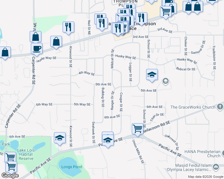 map of restaurants, bars, coffee shops, grocery stores, and more near 7124 5th Avenue Southeast in Olympia