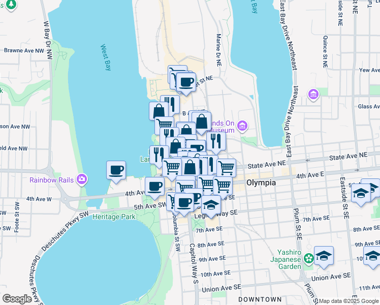 map of restaurants, bars, coffee shops, grocery stores, and more near 325 Washington Street Northeast in Olympia