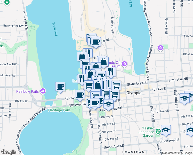 map of restaurants, bars, coffee shops, grocery stores, and more near 325 Washington Street Northeast in Olympia
