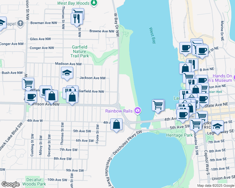 map of restaurants, bars, coffee shops, grocery stores, and more near 304 West Bay Drive Northwest in Olympia