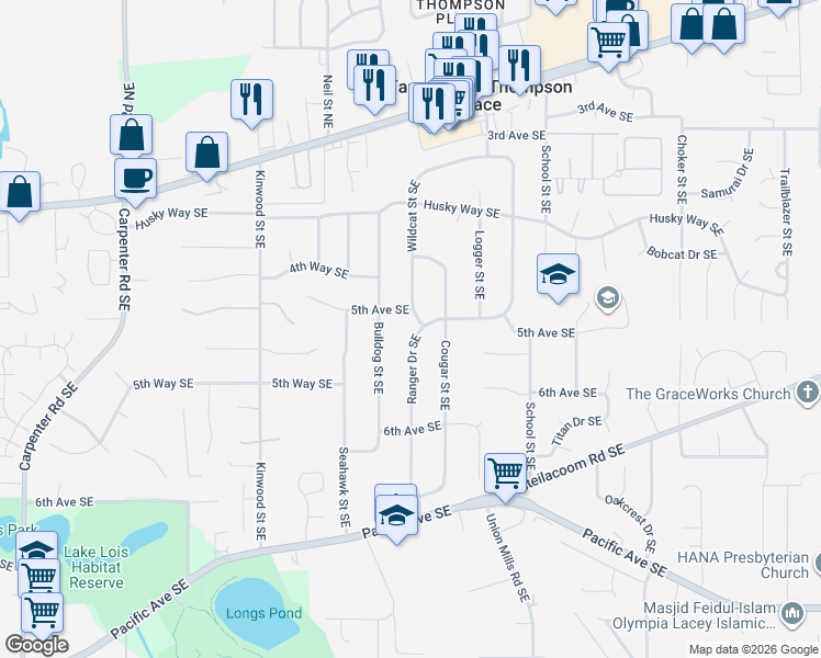 map of restaurants, bars, coffee shops, grocery stores, and more near 7124 5th Avenue Southeast in Olympia