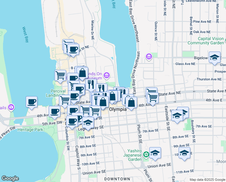 map of restaurants, bars, coffee shops, grocery stores, and more near 325 Marine Drive Northeast in Olympia