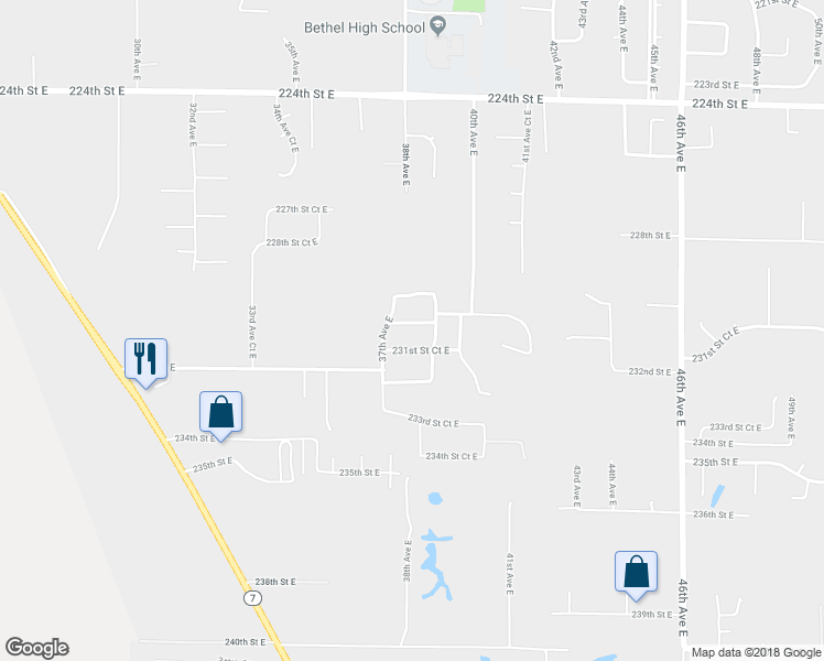 map of restaurants, bars, coffee shops, grocery stores, and more near 3801 231st Street East in Spanaway