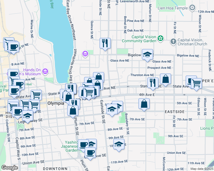 map of restaurants, bars, coffee shops, grocery stores, and more near 217 Puget Street Northeast in Olympia
