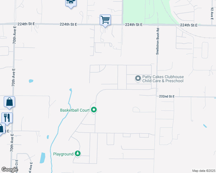 map of restaurants, bars, coffee shops, grocery stores, and more near 8003 230th Street Court East in Graham