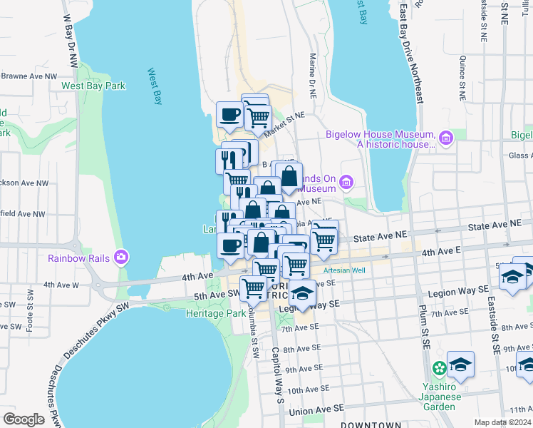 map of restaurants, bars, coffee shops, grocery stores, and more near 314 Capitol Way North in Olympia