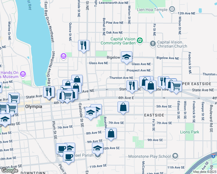 map of restaurants, bars, coffee shops, grocery stores, and more near 222 Bethel Street Northeast in Olympia
