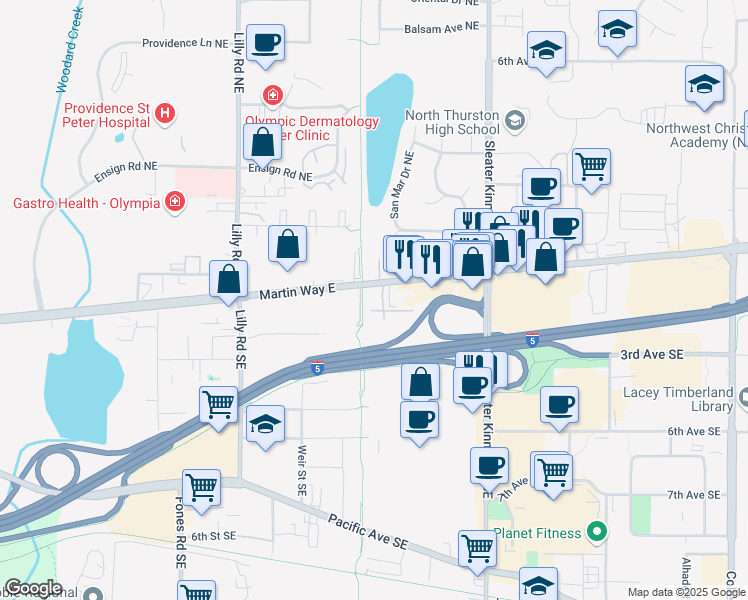 map of restaurants, bars, coffee shops, grocery stores, and more near 3915 Martin Way East in Olympia