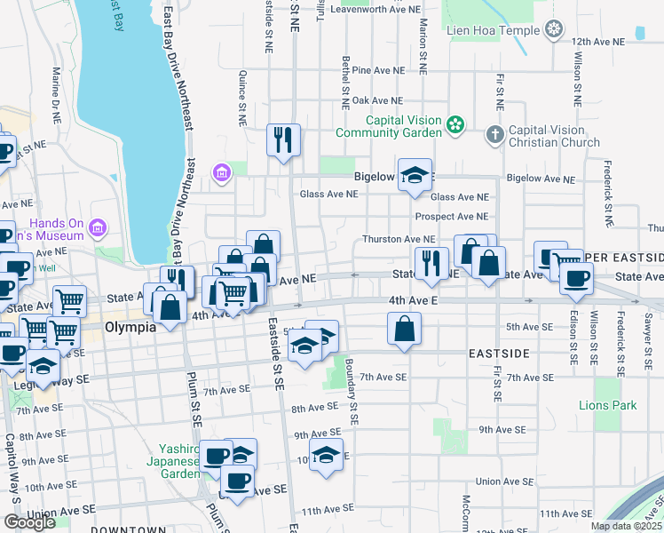 map of restaurants, bars, coffee shops, grocery stores, and more near 1227 Olympia Avenue Northeast in Olympia