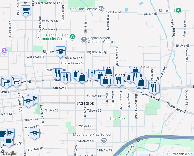 map of restaurants, bars, coffee shops, grocery stores, and more near 1868 State Avenue Northeast in Olympia