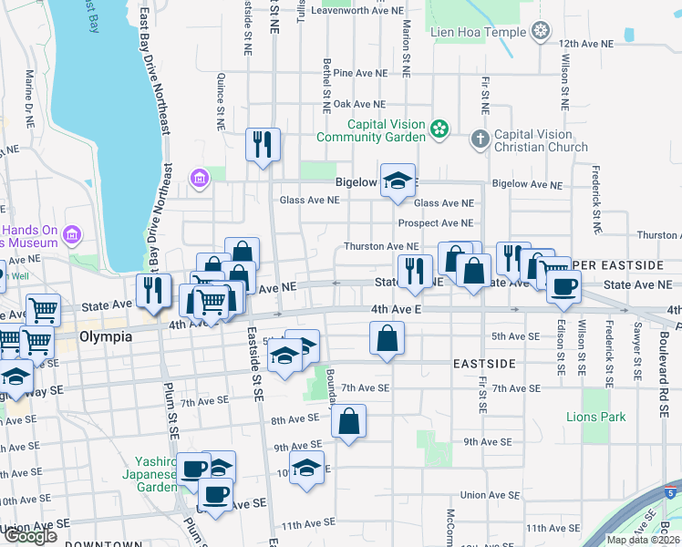 map of restaurants, bars, coffee shops, grocery stores, and more near 222 Bethel Street Northeast in Olympia