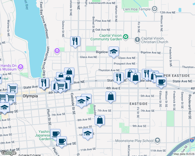 map of restaurants, bars, coffee shops, grocery stores, and more near 222 Bethel Street Northeast in Olympia