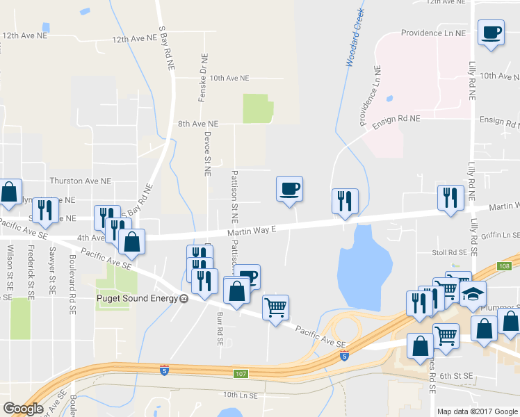 map of restaurants, bars, coffee shops, grocery stores, and more near 2915 View Hill Road Northeast in Olympia