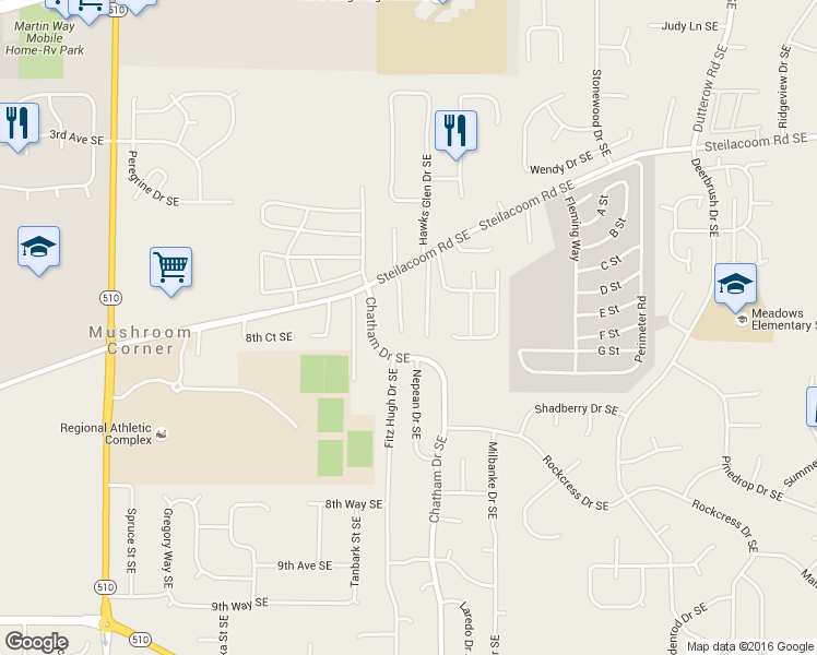 map of restaurants, bars, coffee shops, grocery stores, and more near 848 Avalon Court Southeast in Olympia