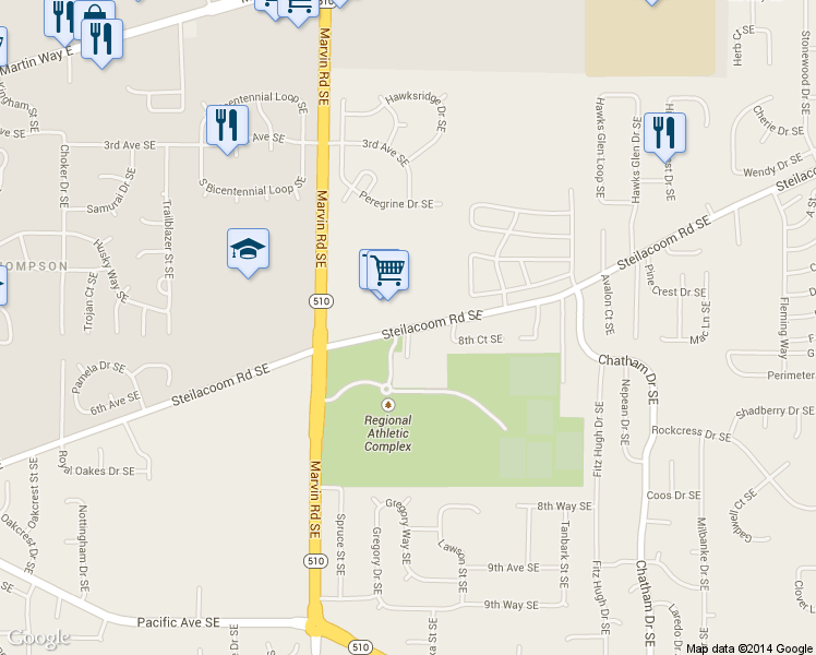 map of restaurants, bars, coffee shops, grocery stores, and more near 8644 Steilacoom Road Southeast in Olympia