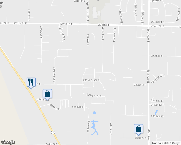map of restaurants, bars, coffee shops, grocery stores, and more near 3801 231st Street East in Spanaway