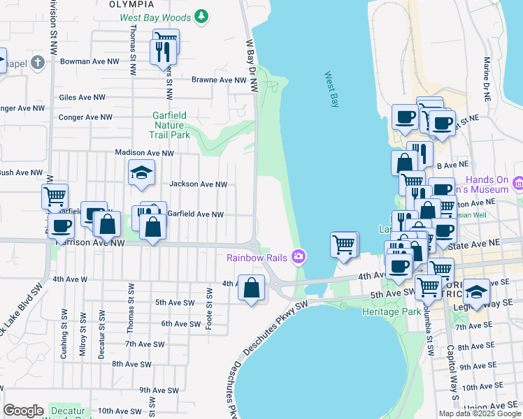 map of restaurants, bars, coffee shops, grocery stores, and more near 304 West Bay Drive Northwest in Olympia