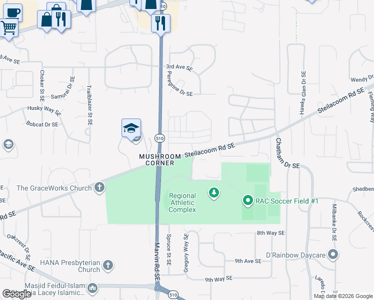 map of restaurants, bars, coffee shops, grocery stores, and more near 8322 Steilacoom Road Southeast in Olympia