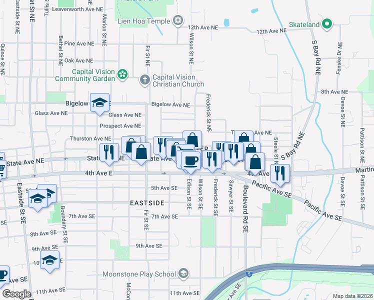 map of restaurants, bars, coffee shops, grocery stores, and more near 1975 Olympia Avenue Northeast in Olympia