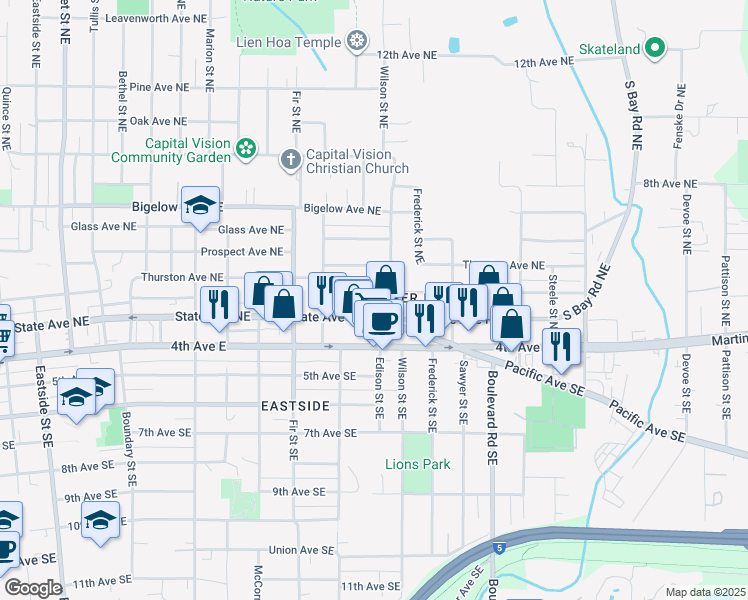 map of restaurants, bars, coffee shops, grocery stores, and more near 1975 Olympia Avenue Northeast in Olympia