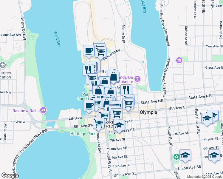 map of restaurants, bars, coffee shops, grocery stores, and more near 325 Washington St NE in Olympia