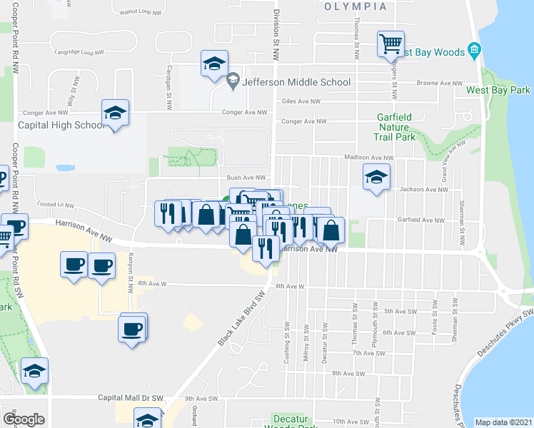 map of restaurants, bars, coffee shops, grocery stores, and more near 303 Division Street Northwest in Olympia