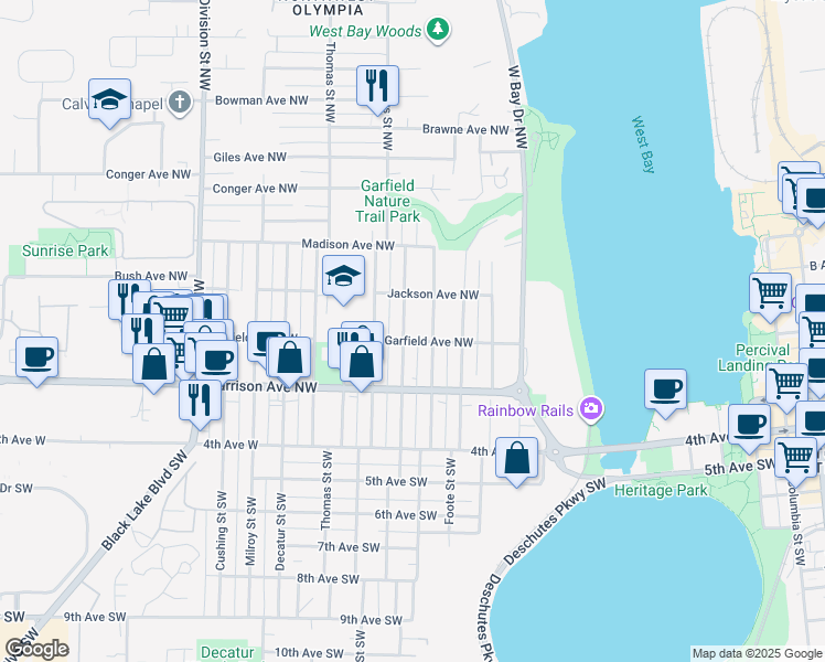 map of restaurants, bars, coffee shops, grocery stores, and more near 306 Rogers Street Northwest in Olympia