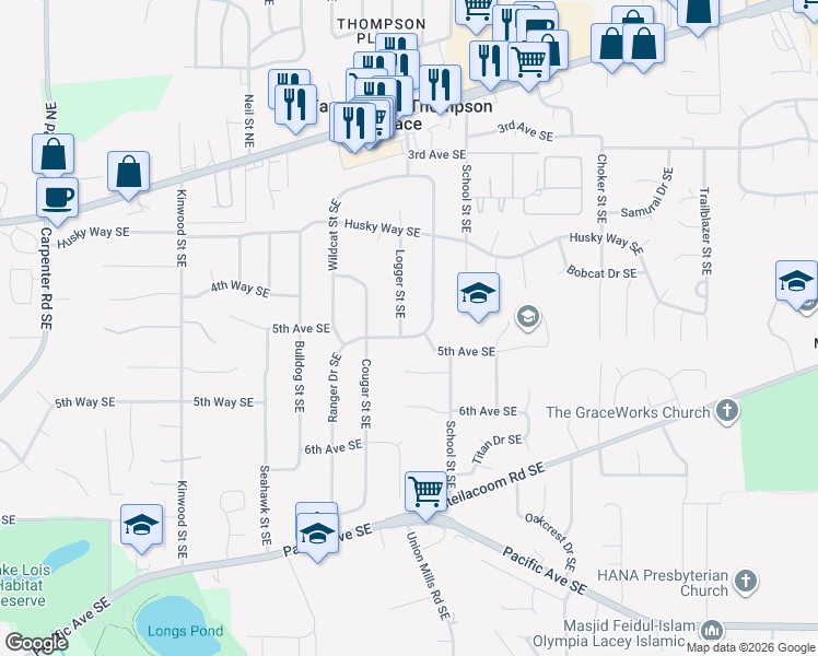 map of restaurants, bars, coffee shops, grocery stores, and more near 457 Ranger Drive Southeast in Lacey