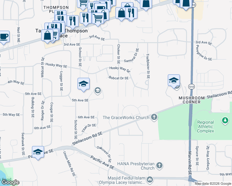 map of restaurants, bars, coffee shops, grocery stores, and more near 517 Choker Court Southeast in Lacey