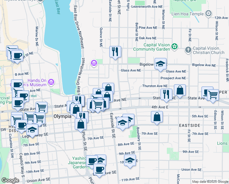 map of restaurants, bars, coffee shops, grocery stores, and more near 217 Puget Street Northeast in Olympia