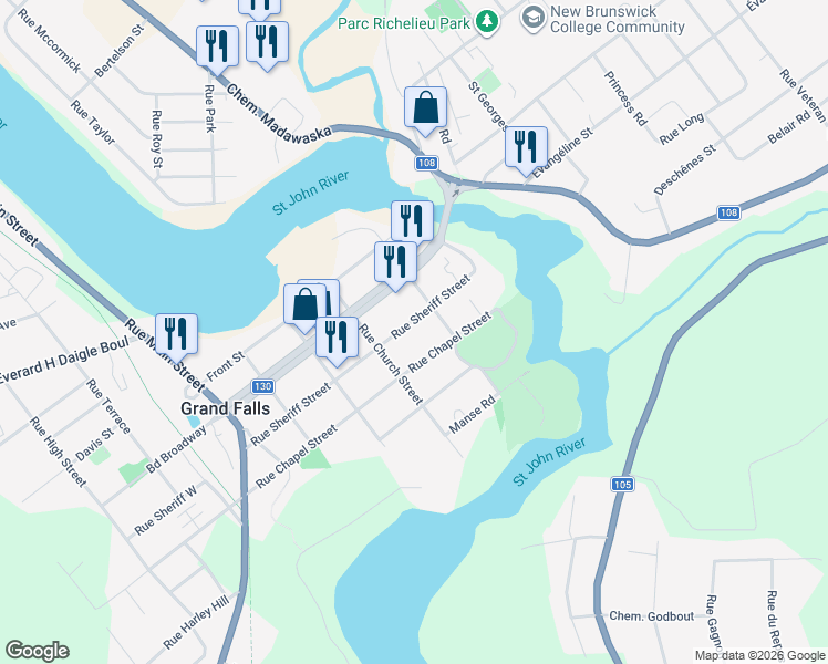 map of restaurants, bars, coffee shops, grocery stores, and more near in Grand Falls