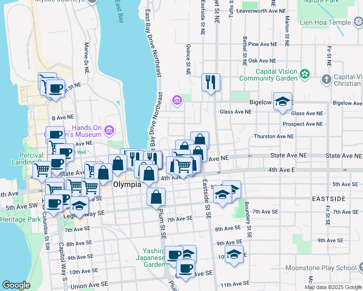 map of restaurants, bars, coffee shops, grocery stores, and more near 303 Quince Street Northeast in Olympia