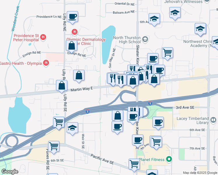 map of restaurants, bars, coffee shops, grocery stores, and more near 3915 Martin Way East in Olympia