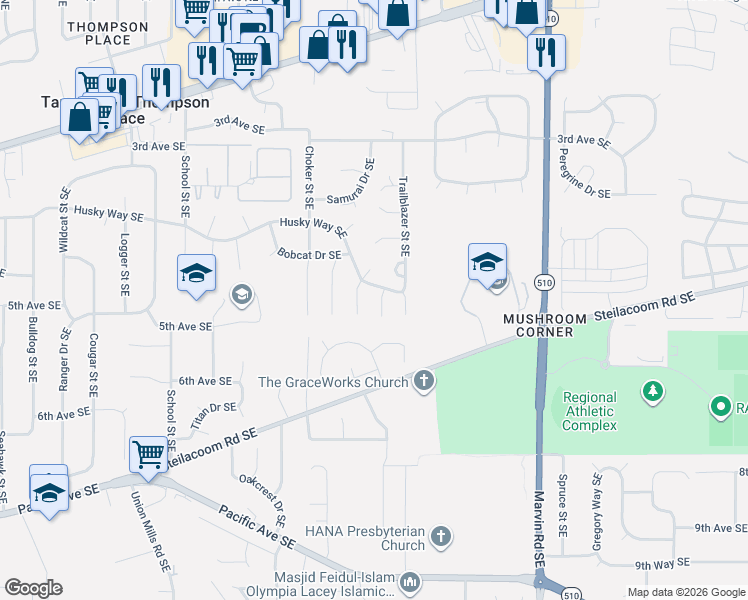 map of restaurants, bars, coffee shops, grocery stores, and more near 511 Grizzly Ct SE in Olympia