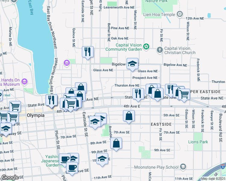 map of restaurants, bars, coffee shops, grocery stores, and more near 222 Bethel Street Northeast in Olympia