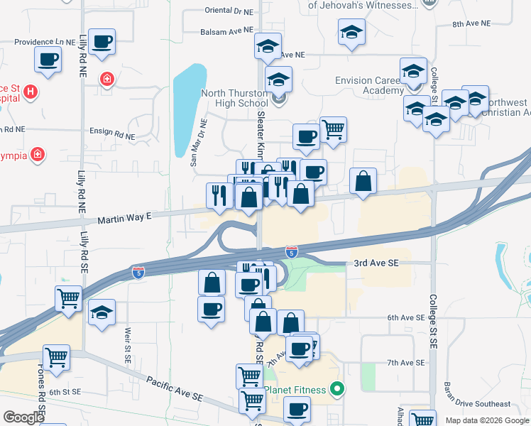 map of restaurants, bars, coffee shops, grocery stores, and more near 12 Sleater Kinney Road Southeast in Olympia