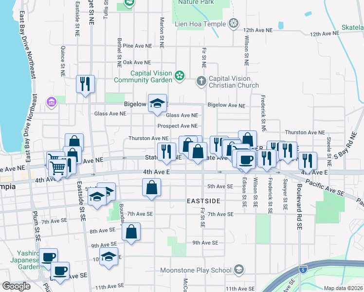 map of restaurants, bars, coffee shops, grocery stores, and more near 221 McCormick Street Northeast in Olympia