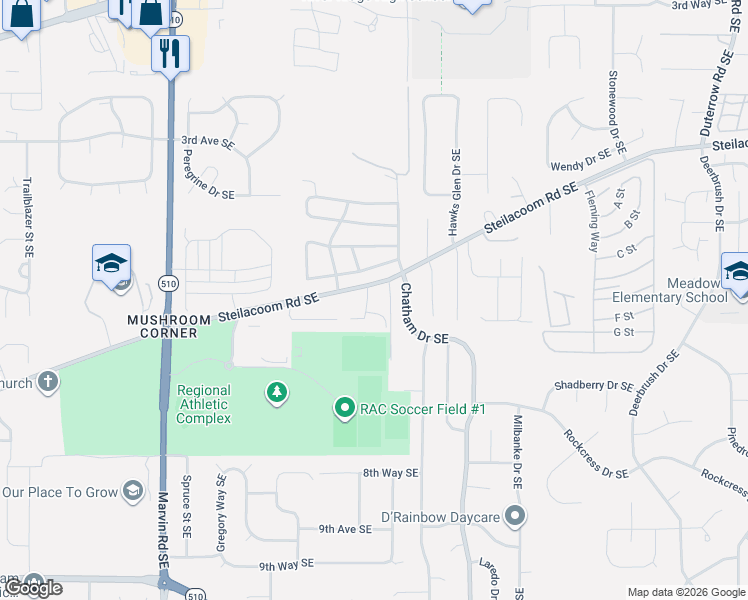 map of restaurants, bars, coffee shops, grocery stores, and more near 8623-A/B Steilacoom Road Southeast in Olympia