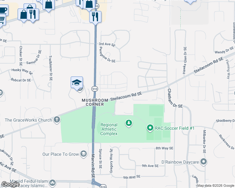 map of restaurants, bars, coffee shops, grocery stores, and more near 8592-8644 Steilacoom Road Southeast in Olympia