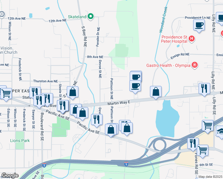 map of restaurants, bars, coffee shops, grocery stores, and more near 305 Pattison Street Northeast in Olympia