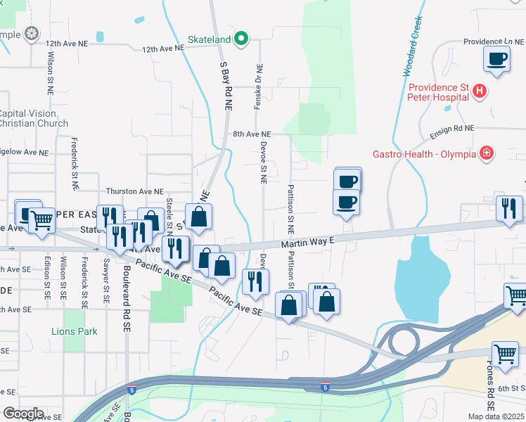 map of restaurants, bars, coffee shops, grocery stores, and more near 304 Devoe Street Northeast in Olympia