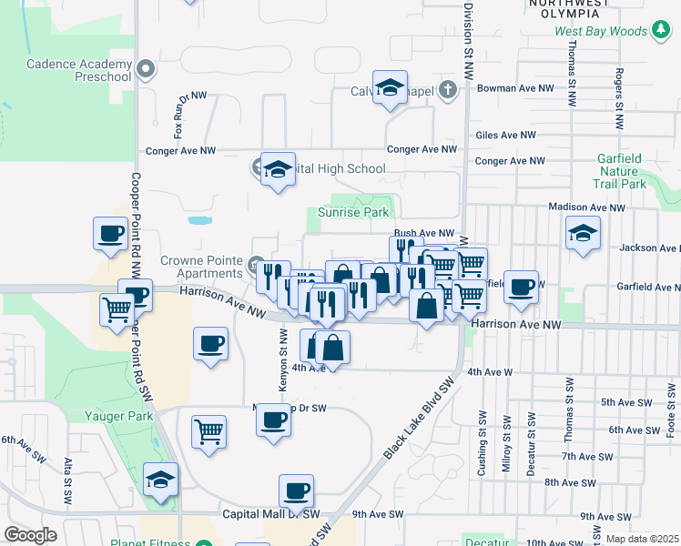 map of restaurants, bars, coffee shops, grocery stores, and more near 2501 Bush Avenue Northwest in Olympia