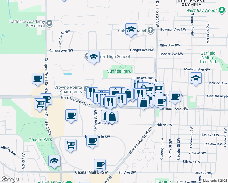 map of restaurants, bars, coffee shops, grocery stores, and more near 2501 Bush Avenue Northwest in Olympia