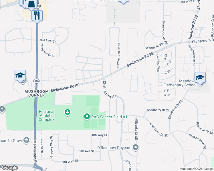 map of restaurants, bars, coffee shops, grocery stores, and more near 930 Chatham Drive Southeast in Olympia