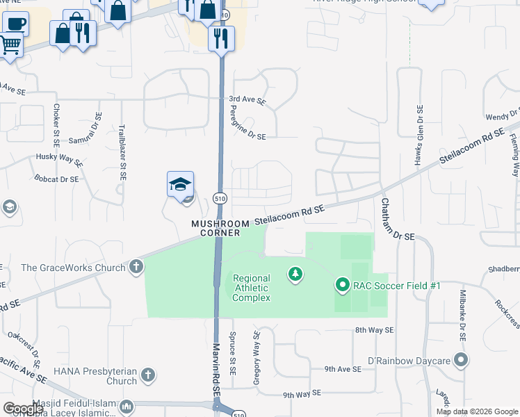map of restaurants, bars, coffee shops, grocery stores, and more near 8592-8644 Steilacoom Road Southeast in Olympia