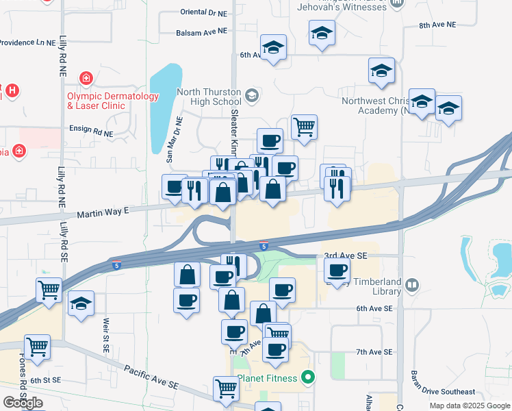 map of restaurants, bars, coffee shops, grocery stores, and more near 4131 Martin Way East in Olympia